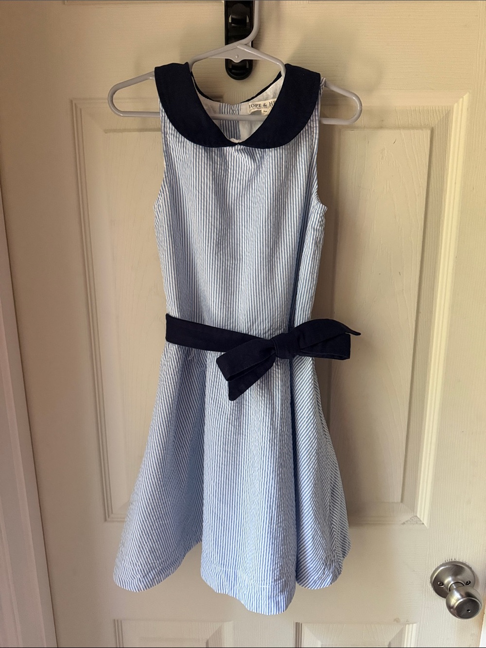 Light Blue Striped Girls' Dress with Navy Collar and Bow